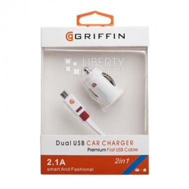 АЗУ "Griffin" 2,1 А с двумя USB выходами + кабель Micro USB 2015 (белое/коробка) 