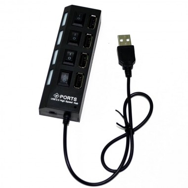 USB-HUB 4-port (4хUSB 2.0, провод неразъемный, кнопки вкл/выкл) черный